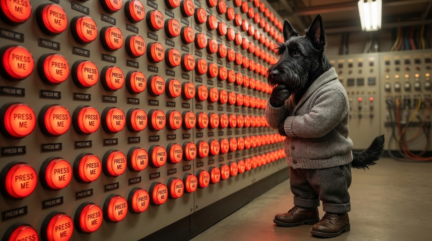 Бизнесмен в костюме и спортивной форме одновременно нажимает на символическую красную кнопку, за которой виднеется горная вершина как метафора вызова