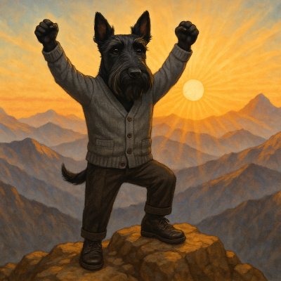 Мужчина на вершине горы с поднятыми в победном жесте руками, на фоне восходящего солнца и других горных вершин. Символизирует достижение цели и новые горизонты.