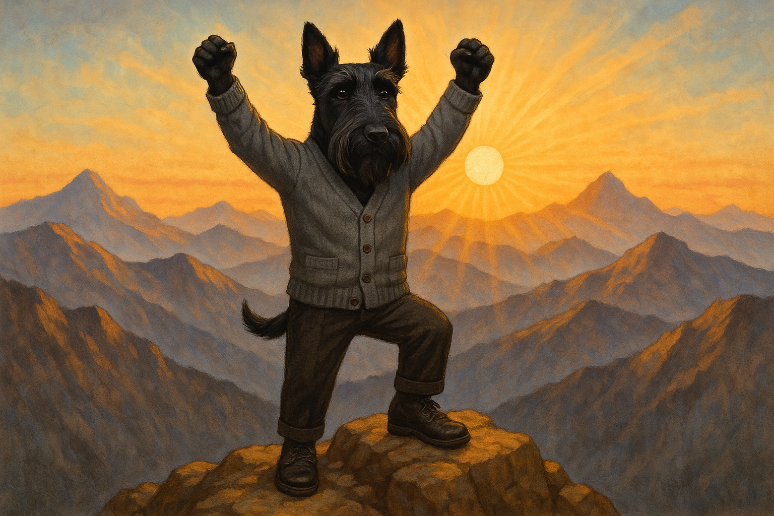 Мужчина на вершине горы с поднятыми в победном жесте руками, на фоне восходящего солнца и других горных вершин. Символизирует достижение цели и новые горизонты.