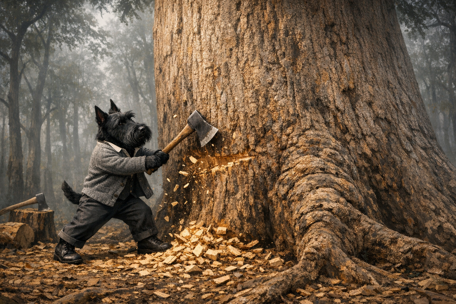 Метафоричное изображение человека, рубящего огромный баобаб в лесу, символизирующее бессмысленный трудоголизм без видимого результата.