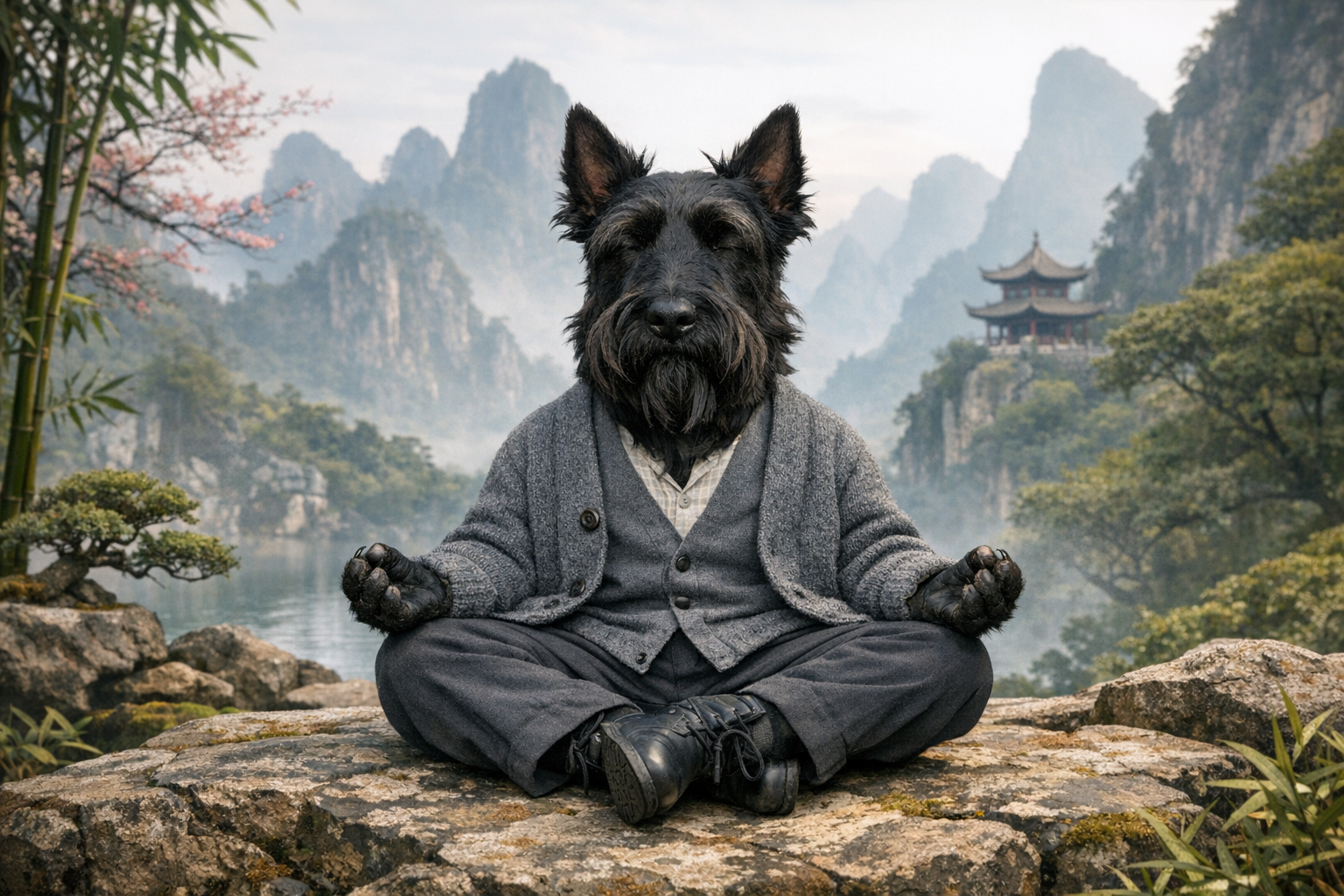 Иллюстрация принципа у-вэй и антипланирования в бизнесе: даосская философия действия через бездействие на примере успешной кофейни.