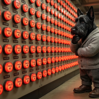 Бизнесмен в костюме и спортивной форме одновременно нажимает на символическую красную кнопку, за которой виднеется горная вершина как метафора вызова