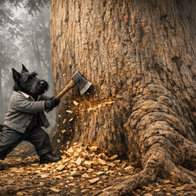 Метафоричное изображение человека, рубящего огромный баобаб в лесу, символизирующее бессмысленный трудоголизм без видимого результата.